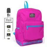 Coral High Usb ve Aux Soketli Logo Nakışlı Pembe Ortaokul Lise ve Günlük Sırt Çantası