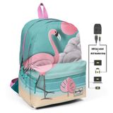 Coral High Yeşil Flamingolu Üç Gözlü Okul Ve Günlük Sırt Çantası - Usb+aux Soketli Okul Çantası