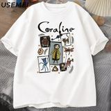 Coraline Cadılar Bayramı T Shirt Kadın Erkek Spooky Vintage Tişört Harajuku Güz Kısa Kollu Ts - Beyaz