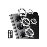 Corcishop Samsung Galaxy S23 Ultra Uyumlu 9H Kamera Koruyucu Ultra Ince Metal Çerçeve Taşlı Gümüş [5 Li Set ]