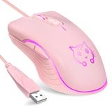 CORN Oyun Kablolu USB Fare, 2400DPI 4 Ayarlanabilir Seviyeler, PC/Masaüstü/Dizüstü Bilgisayar için Ergonomik İnce Fare - Pembe Kedi