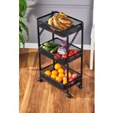 Cornella 3 Katlı Katlanır Siyah Renk Metal Çok Amaçlı Organizer Tekerlekli Düzenleyici Dikdörtgen Sepet
