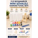 corvo hobi Hobi 3'lü Mini Şövaleli Boyanabilir Kanvas Tuval Seti 20x20 cm – 12 Renk Boya, 2 Fırça, Ahşap Mini Şövale