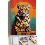 Corvo Sayılarla Boyama Çerçeveli Hobi Seti Numaralı Tuval Fırça Boya Dahil Kasnaklı 40X50 cm Oturan Leopar