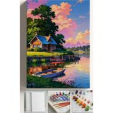 Corvo Sayılarla Boyama Çerçeveli Hobi Seti Numaralı Tuval Fırça Boya Kasnaklı 40X50 Cm Göl Kenarı