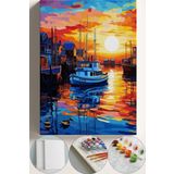 Corvo Sayılarla Boyama Çerçeveli Hobi Seti Numaralı Tuval Fırça Boya Kasnaklı 40X50 Cm Gün Batımı Tekne