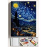 Corvo Sayılarla Boyama Çerçeveli Hobi Seti Numaralı Tuval Fırça Boya Kasnaklı Yıldızlı Gece Köy 40X50 Cm