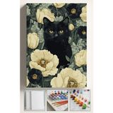 Corvo Sayılarla Boyama Hobi Seti 40X50 cm Beyaz Çiçekler Siyah Kedi Fırça ve Boya Dahil