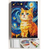Corvo Sayılarla Boyama Seti Numaralı Tuval Fırça Boya 40X50 cm - Yıldızlı Gece Turuncu Kedi