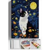 Corvo Sayılarla Boyama Seti Numaralı Tuval Fırça Boya Askı Aparatı Dahil Set 40X50 cm - Gece ve Kedi - 40x50cm