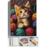 Corvo Sayılarla Boyama Seti Numaralı Tuval Fırça Boya Askı Aparatı Dahil Set 40X50 cm - Iplik Yumağı Kedi - 40x50cm