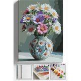 Corvo Sayılarla Boyama Seti Numaralı Tuval Fırça Boya Askı Aparatı Dahil Set 40X50 cm - Papatya Desenli Vazo - 40x50cm