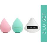Cosmophile 3'lü Makyaj Süngeri Seti – 2'li Ultra Soft Sünger + Üçgen Puff Pudra Süngeri, Saklama Kutulu