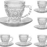 cosnou Vintage Cam Çay Bardakları Tabaklı, Cam Kupalar 7 Oz Set 6 Espresso Kahve Kabartmalı Züccaciye, Kapuçino, Latte, Tahıl, Yoğurt, İçecek Sıcak/Soğuk, Süt…