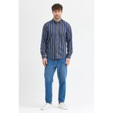 Cosplay Erkek Dikine Çizgili Melanj Button Down Regular Fit Pamuk Polyester Gömlek - 02L-Lacivert