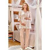 Cossy by Aqua Kadın Truvakor Kollu Dantel Kaplı Lohusa Pijama Takımı, Vizon, 38 Beden
