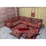 Coton Şark Köşesi Anadolu Desenli Minder, Kilim, Orta Puf, Heybe Çanta Takımı Konsept Kırmızı