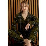 cotonhause Kadın Önden Düğmeli Süet Ekose Yeşil Pijama Takımı C5T6N6O0-7 YEŞİL L