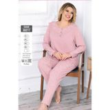 Cotpark Kadın Büyük Beden Likralı Uzun Kollu Pijama Takımı - Pudra 30277