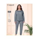 Cotpark Kadın Büyük Beden Pamuklu Likralı Uzun Kollu Pijama Takımı - Gri 30234-b