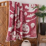 Cottella Halloween Desenli Dokuma Pamuklu Tek Kişilik Battaniye - Yatak Örtüsü - 140 x 210 cm - Kırmızı