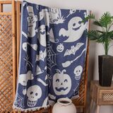 Cottella Halloween Desenli Dokuma Pamuklu Tek Kişilik Battaniye - Yatak Örtüsü - 140 x 210 cm - Lacivert