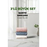 Cotto Home 3 Lü Çizgili Havlu Takımı Pudra Beyaz Mavi Renk Yumuşak Pamuk Banyo Havlu Seti 70X140 cm - 70 x 140 cm - Renkli