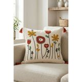 cottoncloth Bohem Gelincik Çiçekli Punch Nakışlı Dekoratif Kırlent Kılıfı 42x42 cm Pamuk Panama Keten