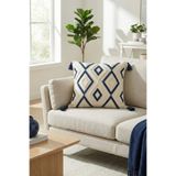 cottoncloth Bohem Geometrik Punch Nakışlı Püsküllü Dekoratif Kırlent Kılıfı 42x42 cm Pamuk Panama Keten