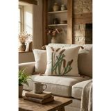 cottoncloth Bohem Sazlık Desenli Punch Nakışlı Dekoratif Kırlent Kılıfı 42x42 cm Pamuk Panama Keten