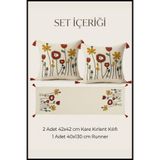 cottoncloth Gelincik Punch Nakışlı Çiçek Desenli Kırlent Runner Seti 2 Kare Kırlent 1 Runner Boho Dekoratif Salon Seti
