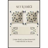 cottoncloth Papatya Punch Nakışlı Papatya Desenli Kırlent Runner Seti 2 Kare Kırlent 1 Runner Boho Dekoratif Salon Seti
