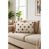 cottoncloth Renkli Puantiyeli Punch Nakışlı Püsküllü Dekoratif Kırlent Kılıfı 35x55 cm Pamuk Panama Keten
