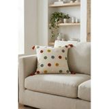 cottoncloth Renkli Puantiyeli Punch Nakışlı Püsküllü Dekoratif Kırlent Kılıfı 42x42 cm Pamuk Panama Keten