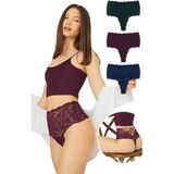Cottonhill Dantelli Lastik Detaylı Yüksek Bel Kadın Tanga 3'lü Paket Külot - 2 - 2XL - Çok Renkli