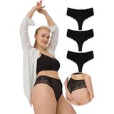 Cottonhill Dantelli Tül Detaylı Büyük Beden Brezilya 3'lü Paket Külot - 3 - Siyah - Siyah - Siyah - 2XL