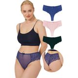 Cottonhill Dantelli Tül Detaylı Büyük Beden Brezilya Külot 3'lü Paket Kobalt Polyamid Malzeme - S