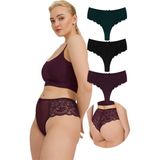 Cottonhill Dantelli Tül Detaylı Büyük Beden Kadın Brezilya 3'lü Paket Külot - Siyah - Mürdüm - 2XL