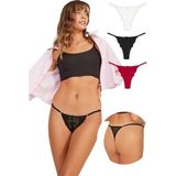 Cottonhill Önü Dantelli Tül Detaylı Kadın Tanga 3'lü Paket Külot - 3 - Karışık - XL