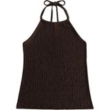 Cottonhill Premium - Tide Collection |kahverengi Halter Yaka Boyundan Bağlamalı Bürümcük Dokulu Kadın Crop Bluz - XS