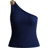 Cottonhill Premium - Tide Collection | Lacivert Tek Omuz Çiçek Aksesuarlı Bürümcük Dokulu Kadın Crop Bluz