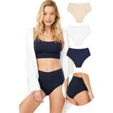 Cottonhill Yüksek Bel Basic Lazer Kesim Bikini Külot 3'Lü Paket - 3 - XL - Lacivert - Beyaz