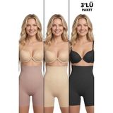 Cottonhill Yüksek Bel Toparlayıcı Lazer Kesim Kadın Korse Siyah-Kahverengi-Ten 3'lü Paket