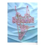 cottonrose CR-0003 Pembe Çiçek İşlemeli Brode Balenli Tanga Sütyen Takımı-Transparan Bralet Set-Dantelli Iç Çamaşır Set