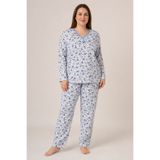 CottonVia Anne Pijama Takımı, Biyeli, V Yaka, Çiçek Baskılı, Uzun Kol, %100 Pamuk Penye, Cepsiz, Mavi Fiyonklu