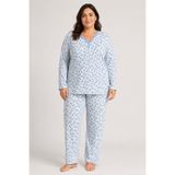 CottonVia Anne Pijama Takımı, Biyeli V Yaka, Çiçek Baskılı, Uzun Kol, %100 Pamuk Penye, Cepsiz, Mavi