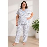 CottonVia Anne Pijama Takımı, Biyeli V Yaka, Çiçek Desen, Kısa Kol, %100 Pamuk Penye, Cepsiz, Mavi