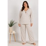 CottonVia Anne Pijama Takımı, Biyeli V Yaka, Çiçekli, Uzun Kol, %100 Pamuk Penye, Cepsiz, Kahve