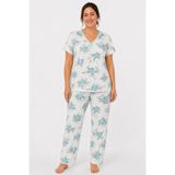 CottonVia Anne Pijama Takımı, Biyeli V Yaka, Kısa Kollu, %100 Pamuk Penye, Cepsiz, Mint Çiçek Desenli