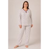 CottonVia Anne Pijama Takımı, Biyeli, V Yaka, Uzun Kol, %100 Pamuk Penye, Cepsiz, Mor Çiçekli